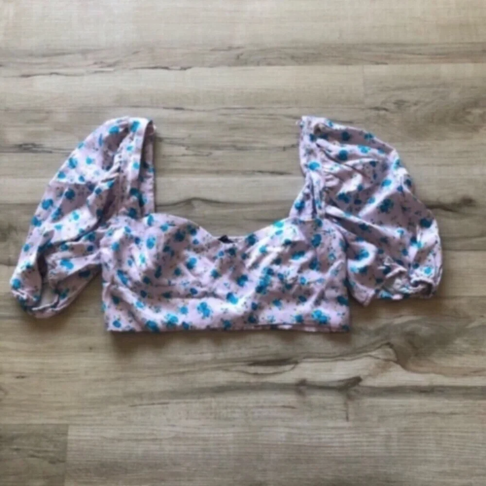 Zara White and Blue Puff Sleeve Crop Top - Picture 5 of 11